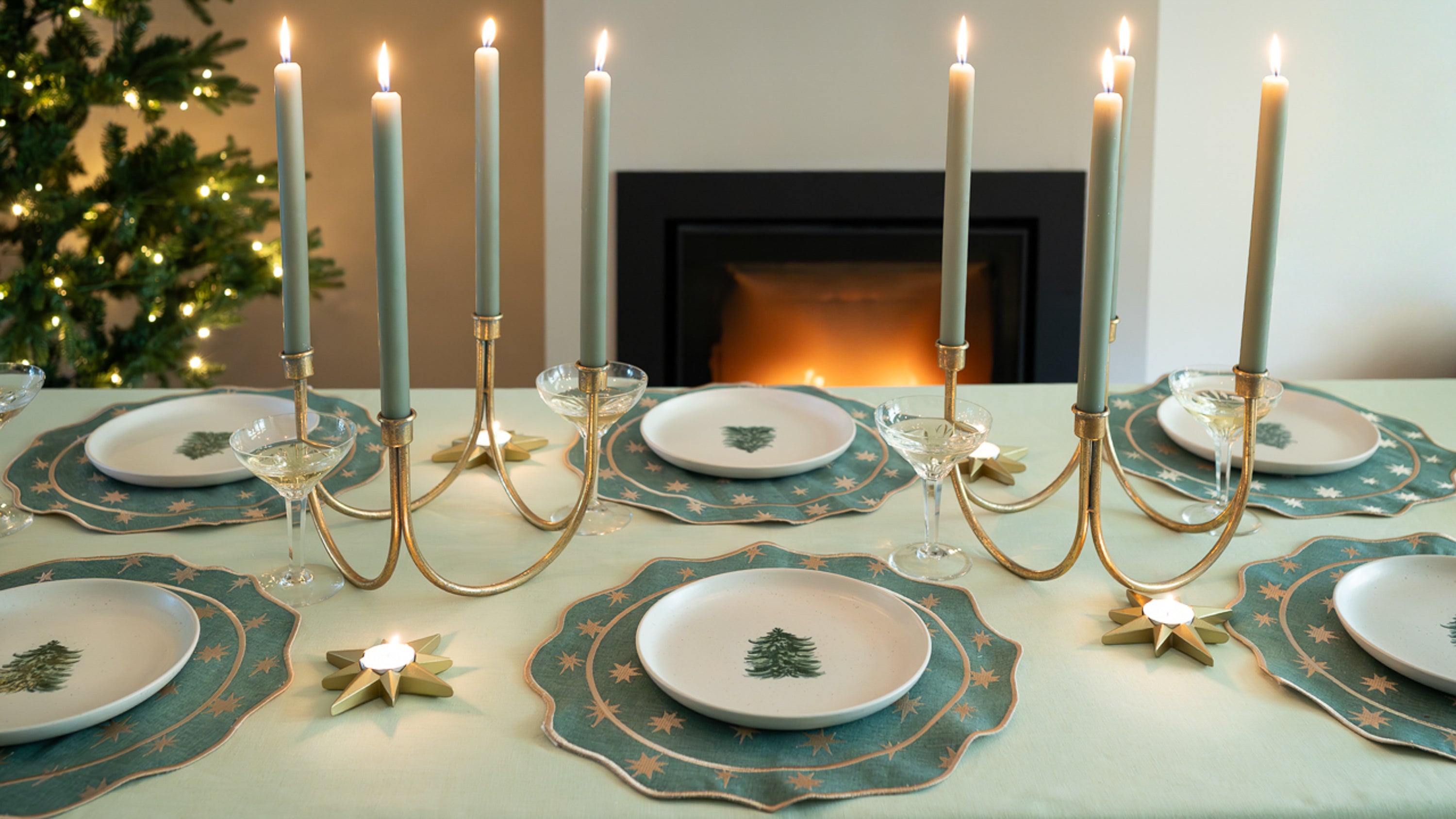 Tafel Kerst Lichtgroen Tafelkleed Donkergroene Placemats Sterren
